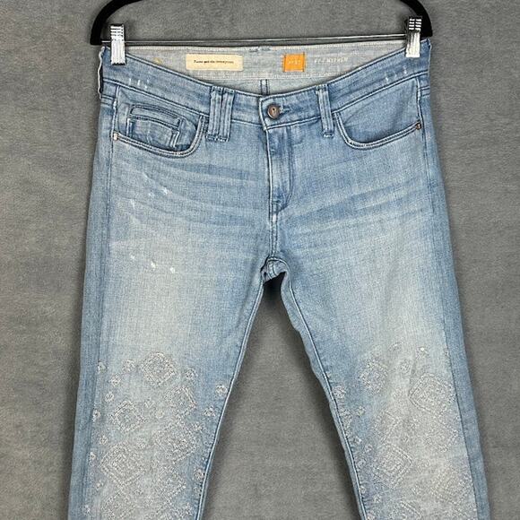 Pilcro Anthropologie Jeans Womens 27 Blue Hyphen Straight Embroidered Stretch - Picture 2 of 13